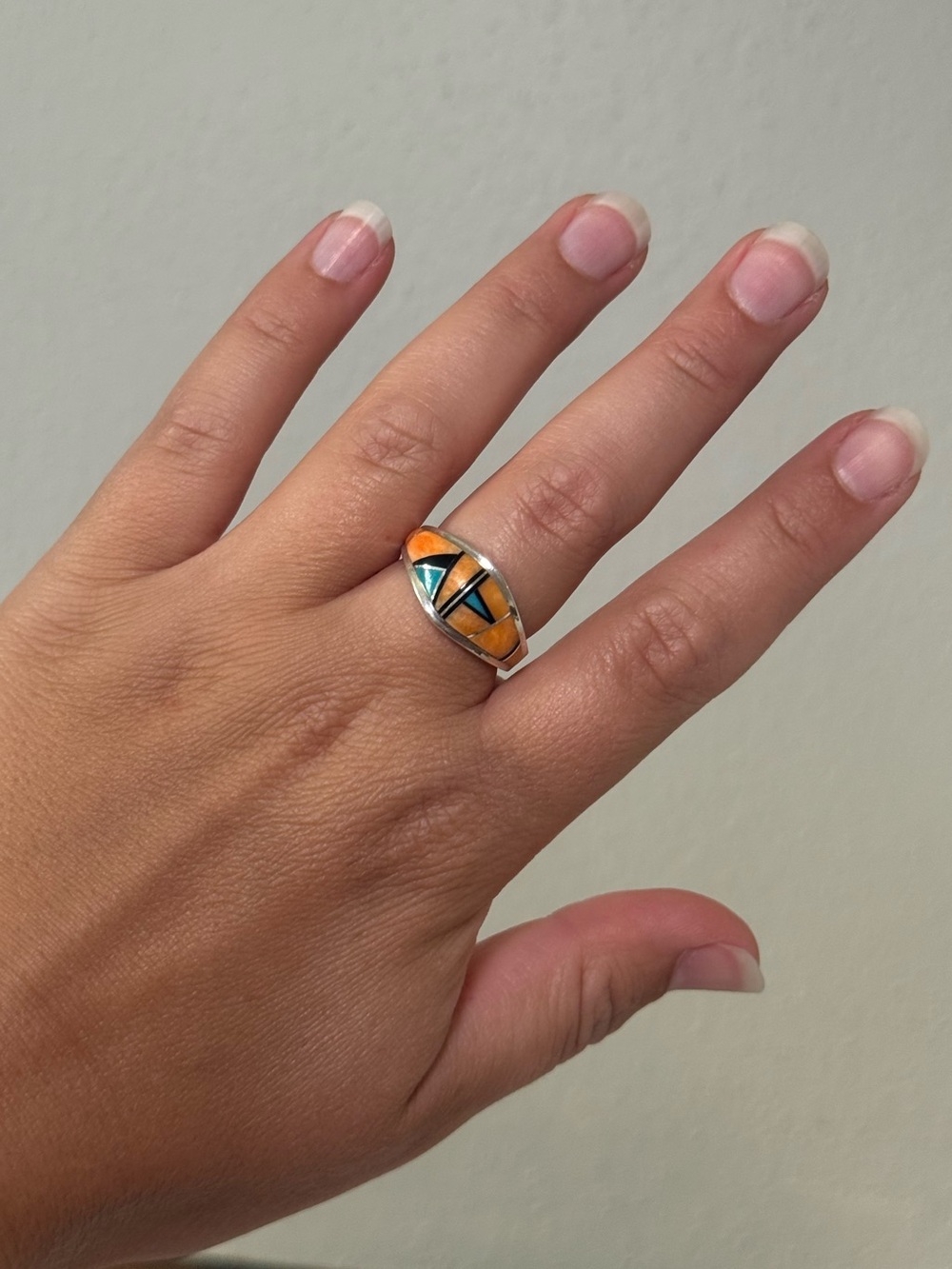 Spiny Oyster and Turquoise Sterling Silver Inlay Zuni Ring Size 8.5